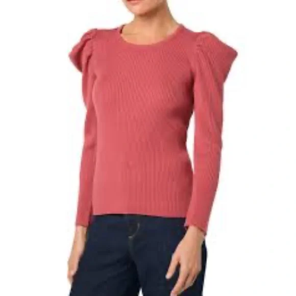 JOE'S JEANS Puff Sleeve Ribbed Long Sleeve Crewneck Sweater in Deep Pink NWOT - Picture 3 of 9